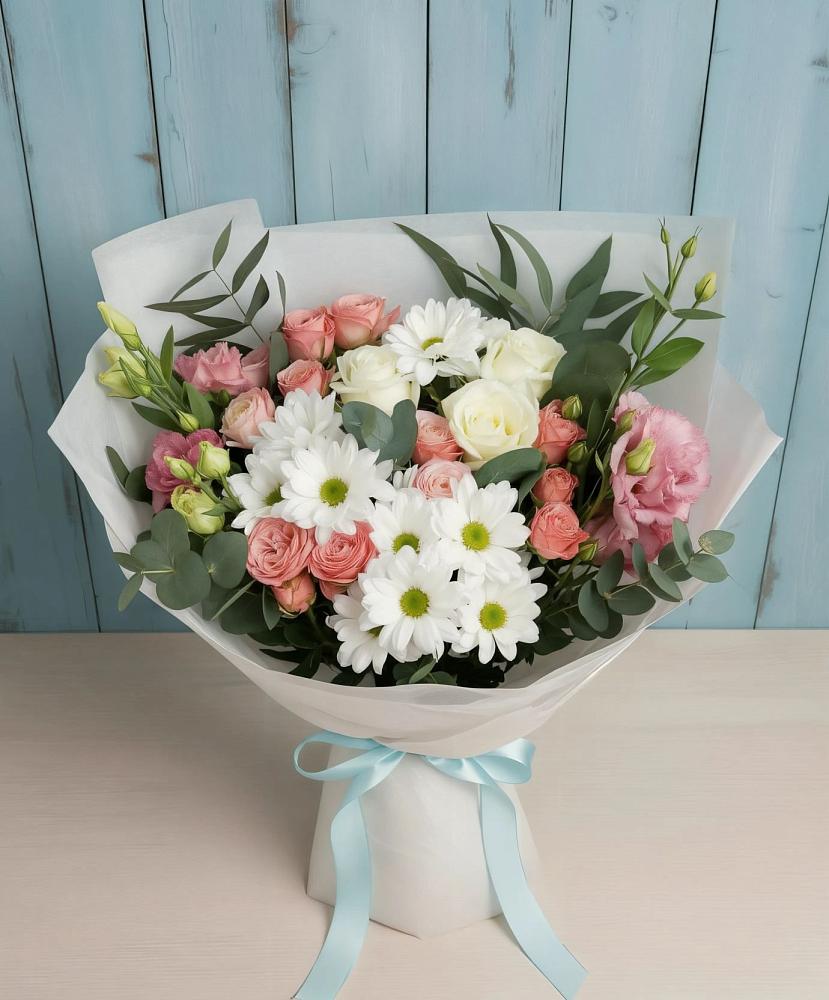 Букет цветов из: Розы, Лизиантусы и Хризантемы в Ольховке
