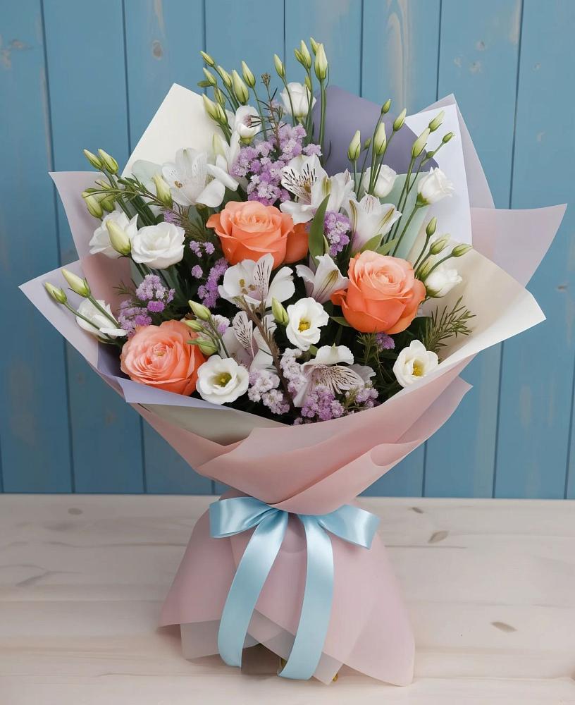Букет цветов из: Лизиантусы, Розы, Альстромерии и Гипсофила в Ольховке