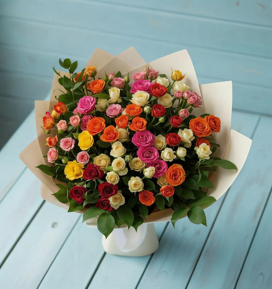 Букет Микс из разноцветных кустовых роз в Ольховке