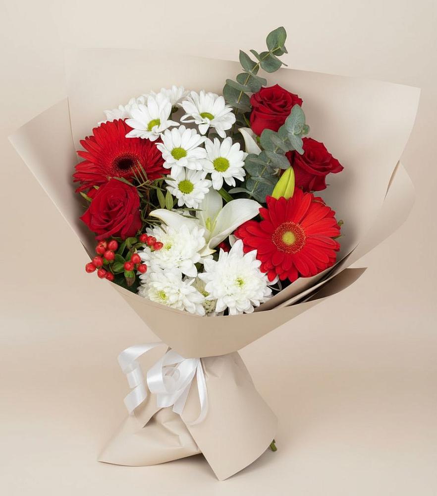 Букет цветов из: Розы, Хризантемы, Герберы и Лилии в Ольховке