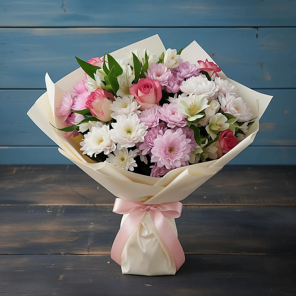 Букет цветов из: Хризантемы, Альстромерии и Розы в Ольховке